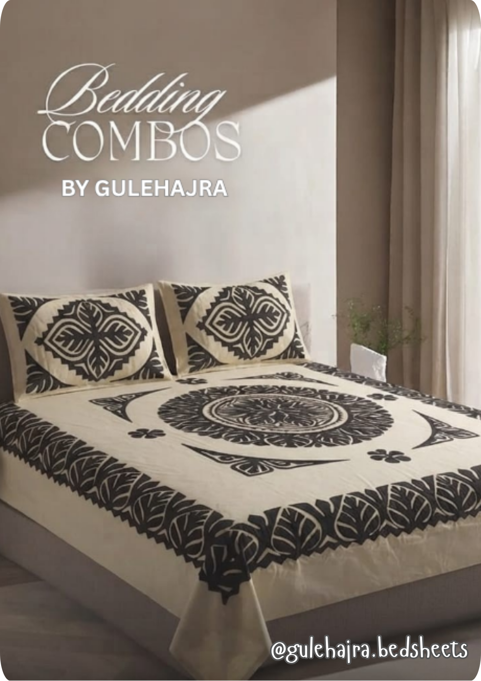 King Size Cotton Bedsheet – Beige with Black Applique